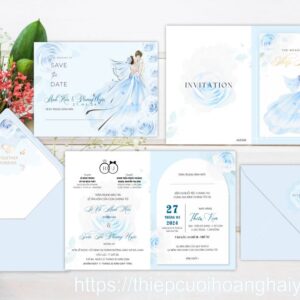 Thiệp cưới giấy thơm ánh kim HHY-9346 xanh